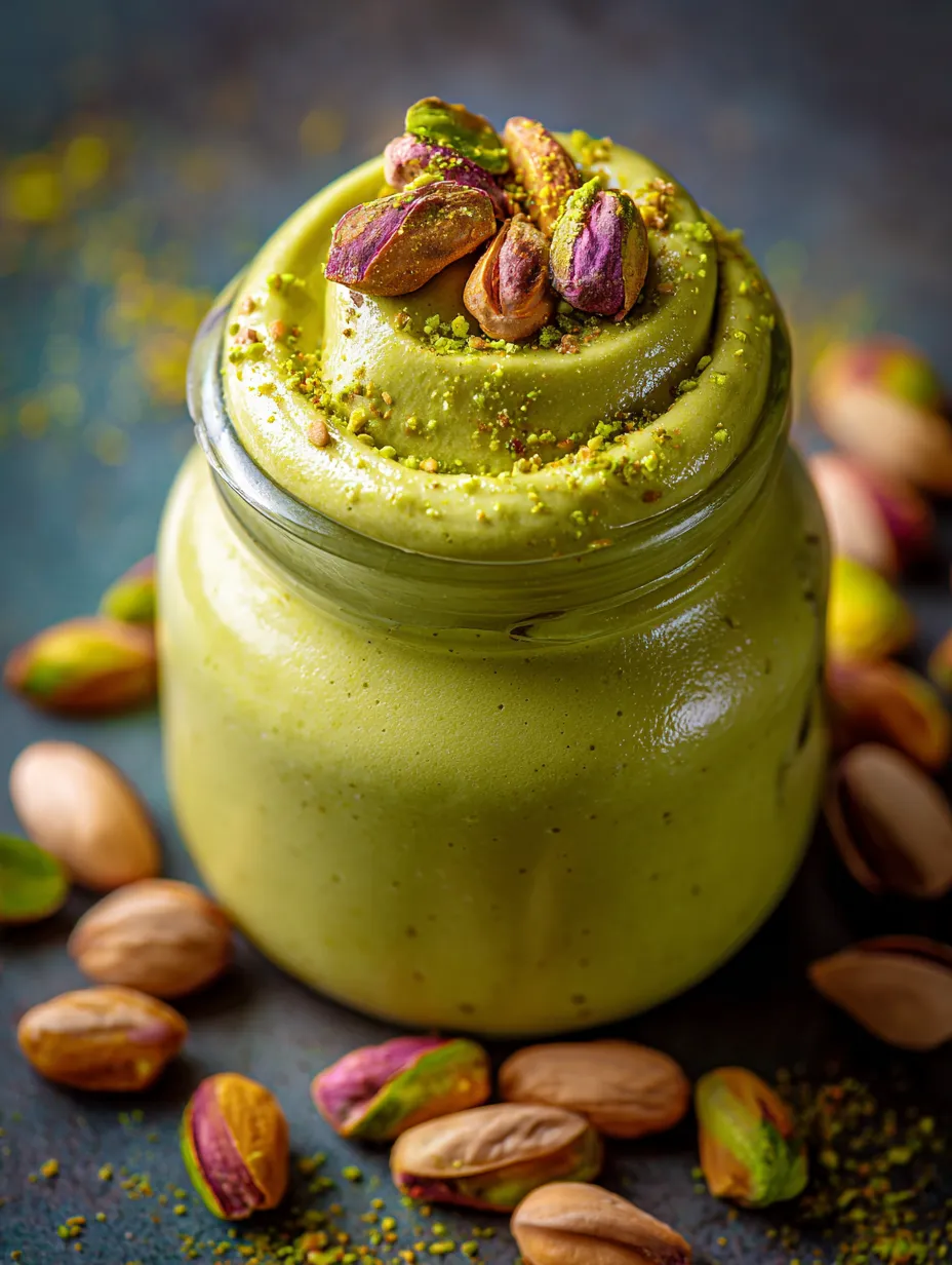A jar of pistachio butter with a spoon in it.