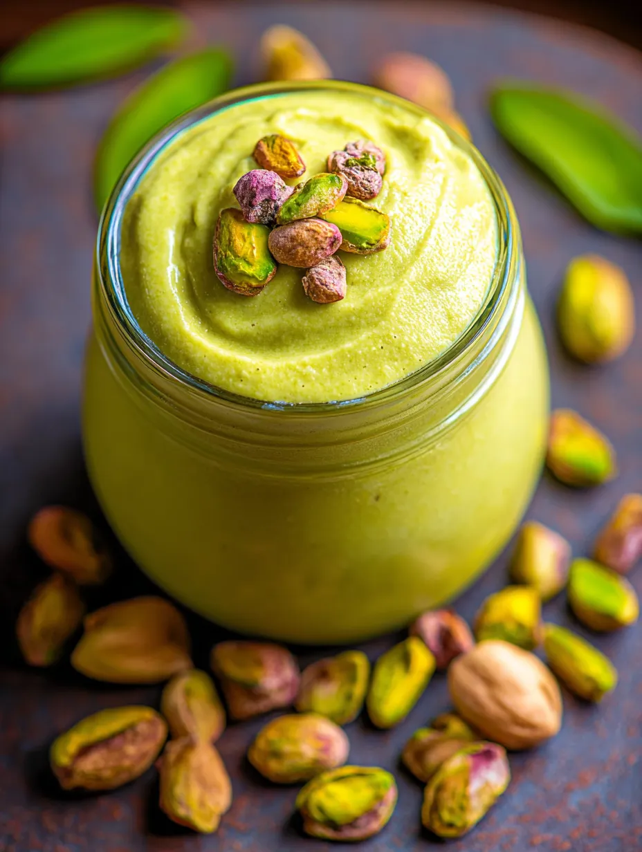 A jar of pistachio butter with nuts on top.