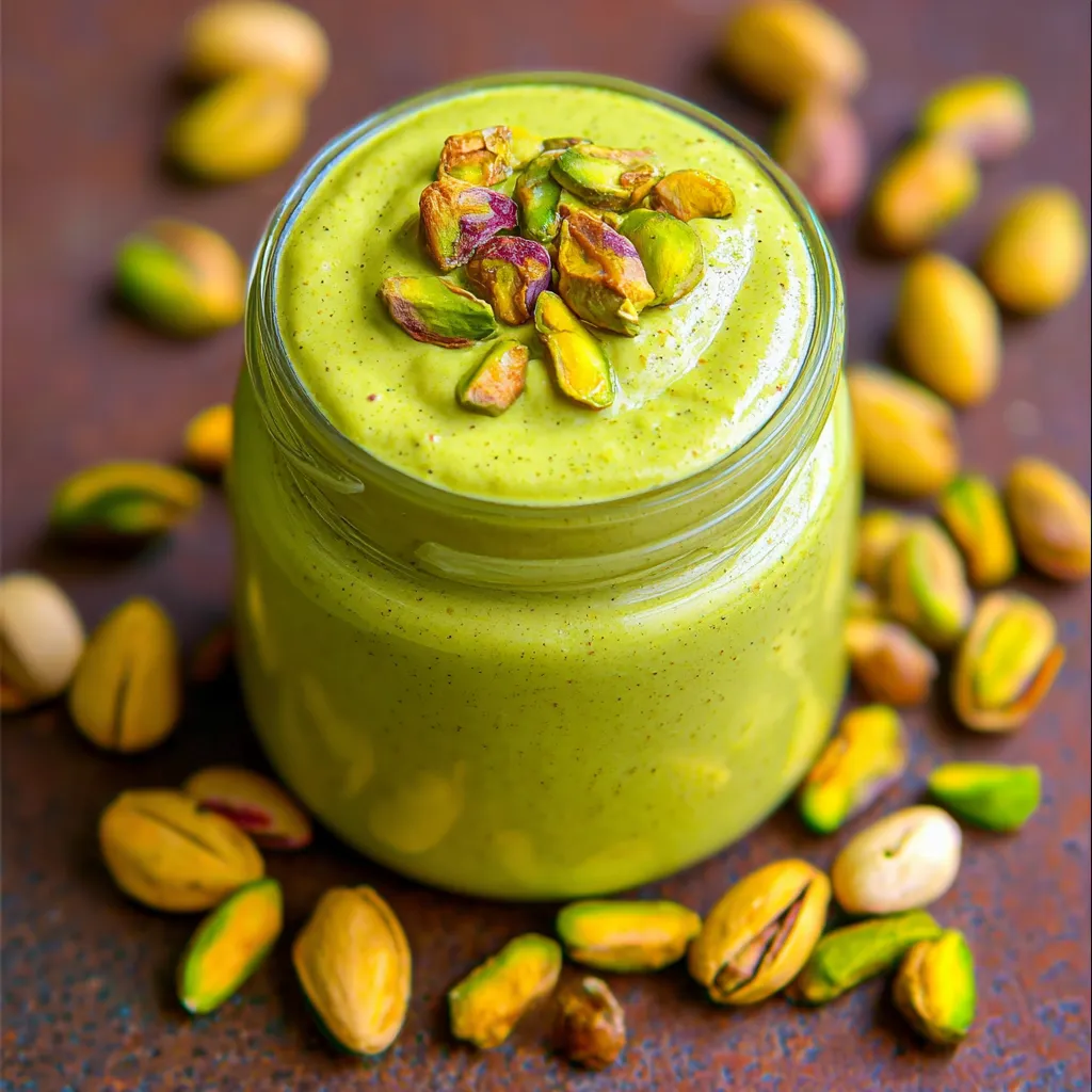 A jar of pistachio butter with nuts on top.