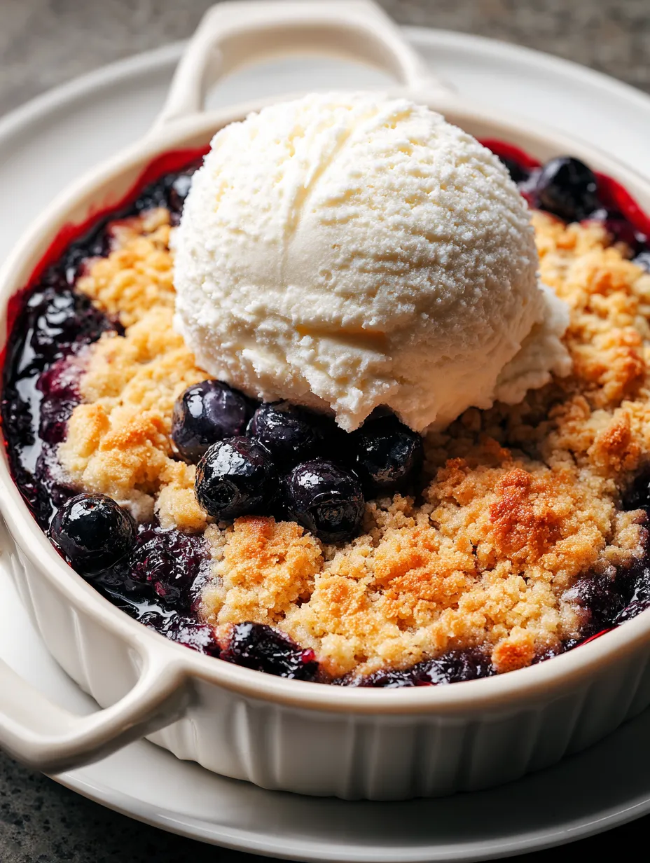 A bowl of cobbler with a scoop of ice cream on top.