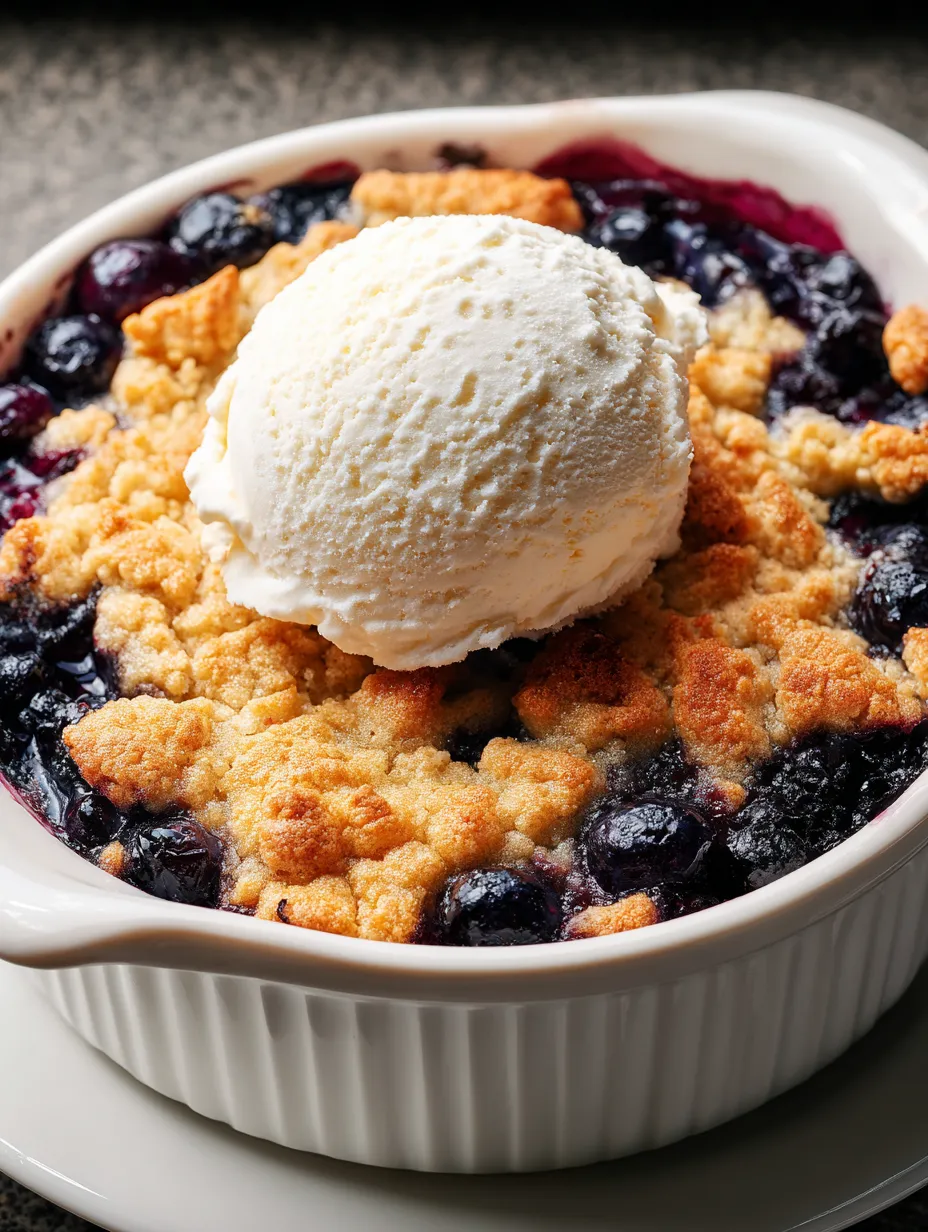 A bowl of blueberry cobbler with a scoop of ice cream on top.