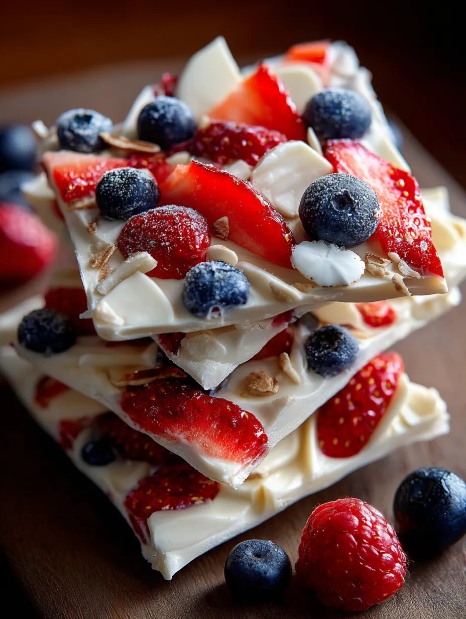 A stack of frozen yogurt bars with strawberries and blueberries.