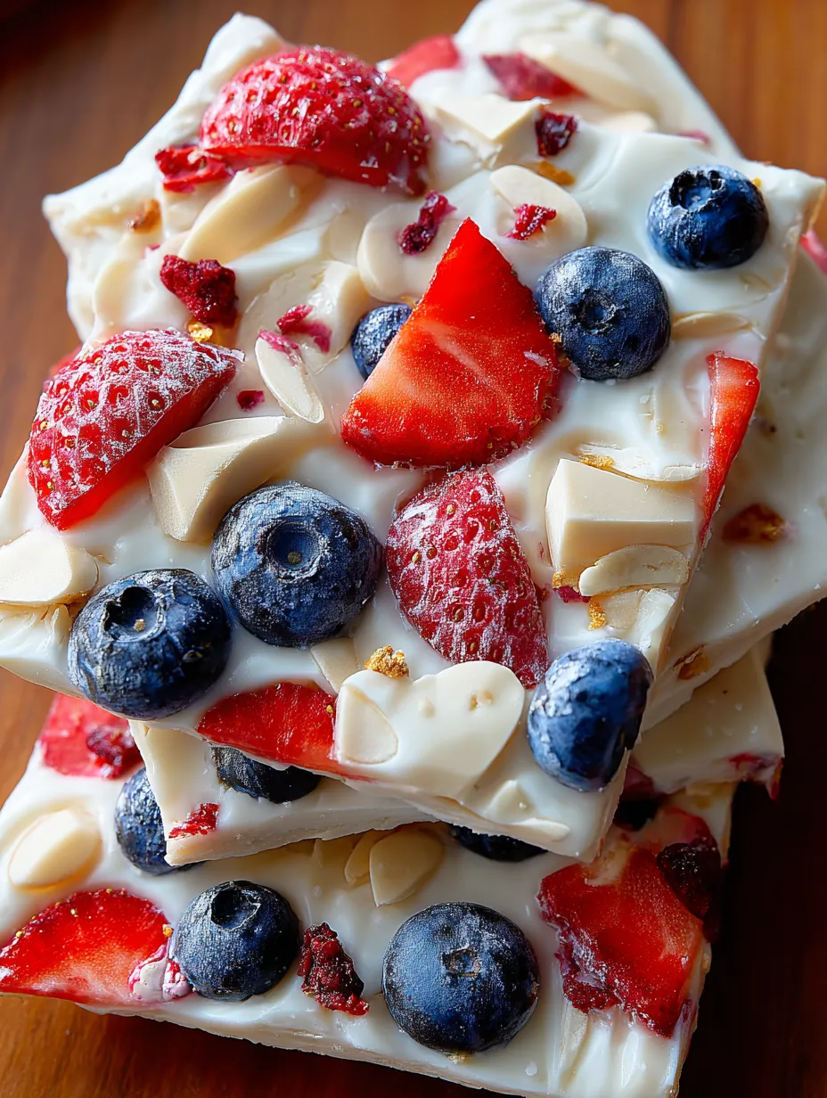 A close up of a frozen yogurt bark with blueberries and strawberries.
