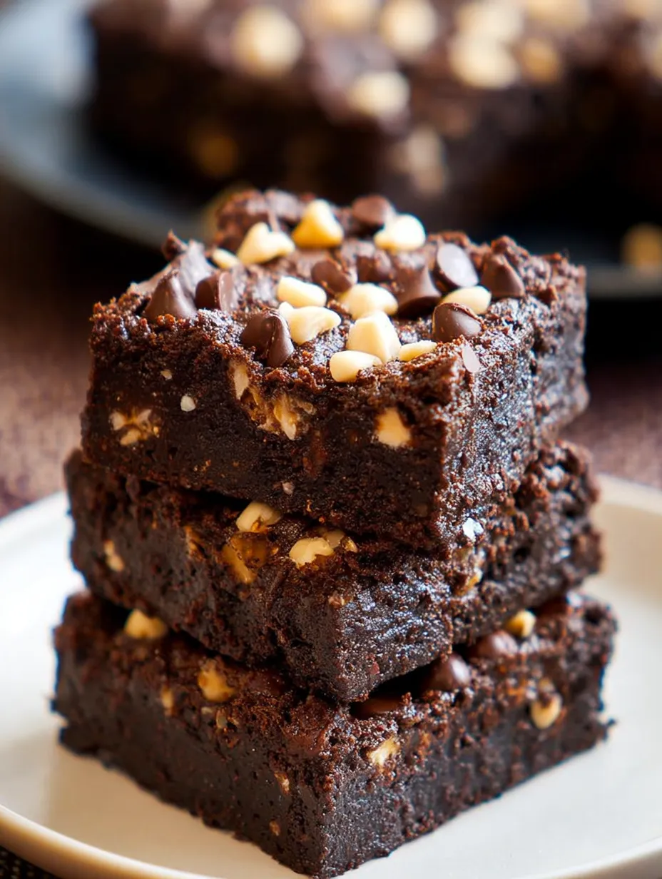 A stack of brownies with nuts on top.