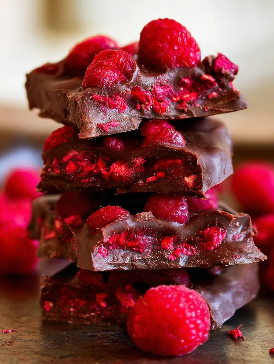 A stack of chocolate bars with raspberries on top.