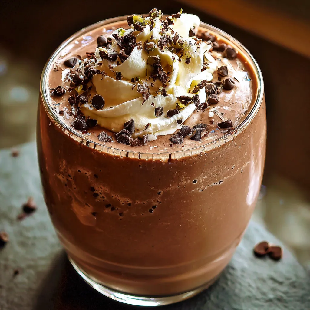 A glass of chocolate smoothie with whipped cream on top.