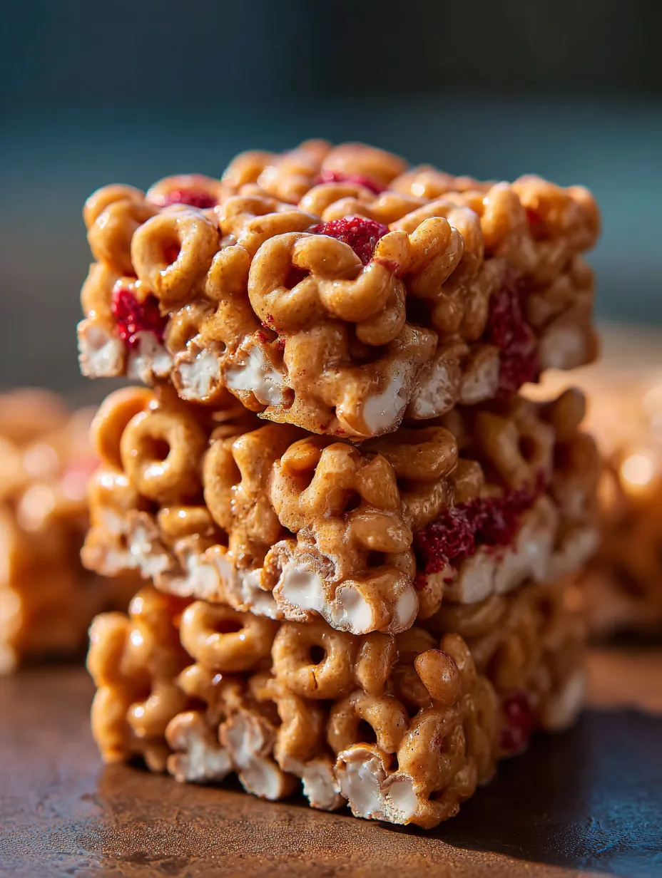 A stack of cereal bars with marshmallows and cereal.