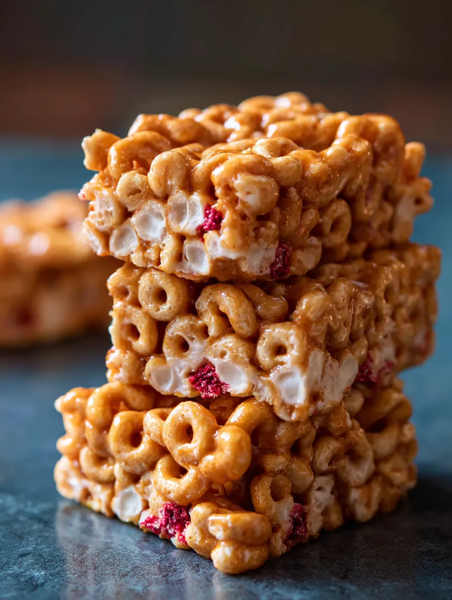 A stack of cereal bars made with cereal, marshmallows, and fruit.