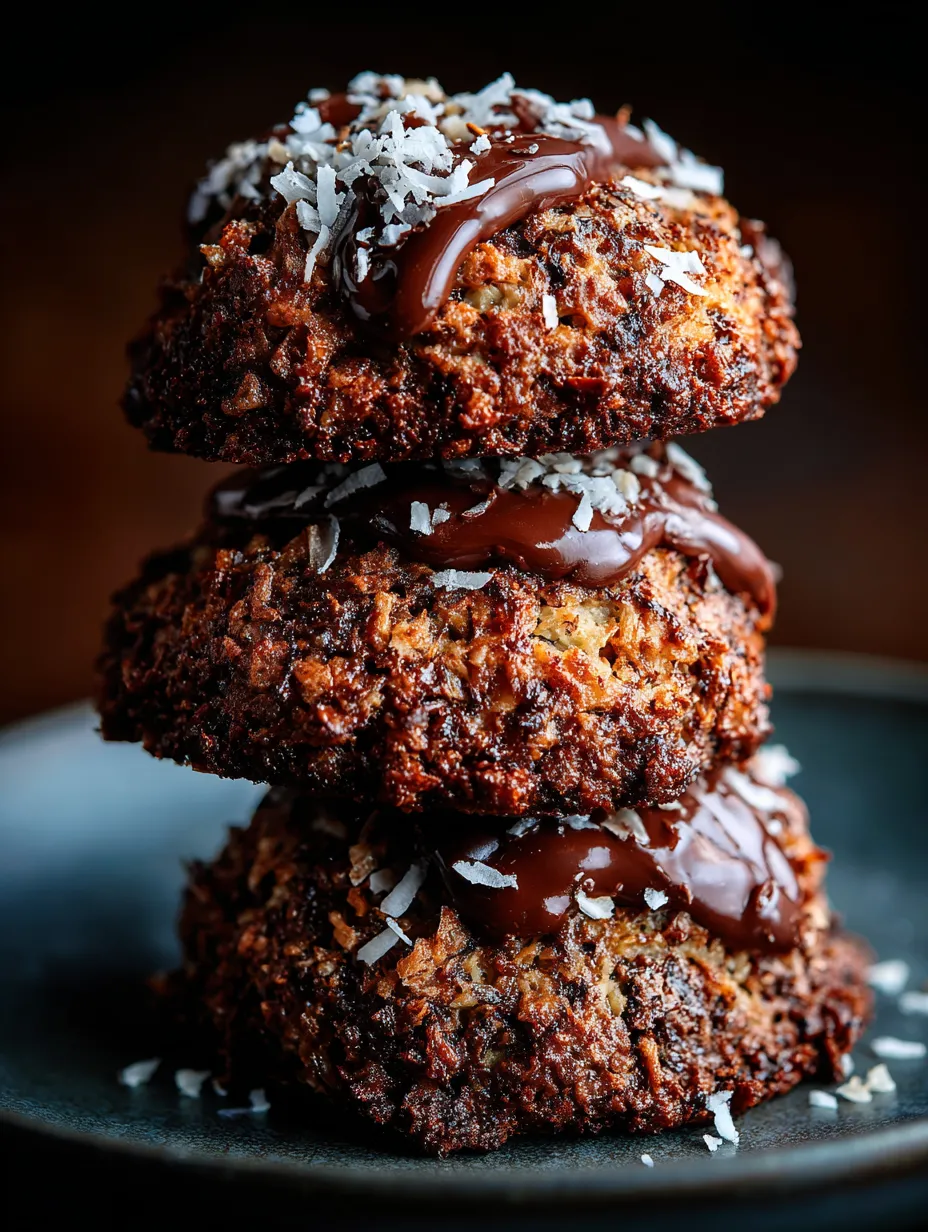 Chocolate coconut cookies stacked on a plate.