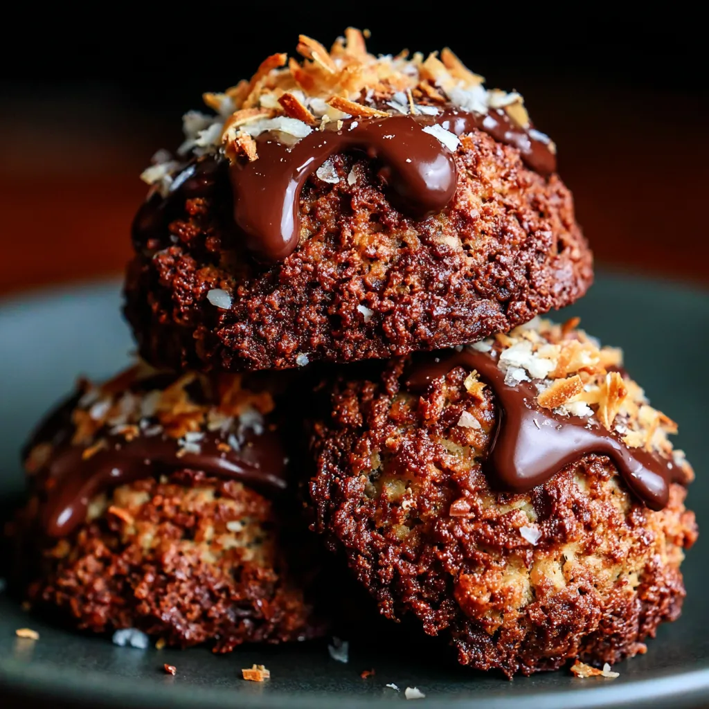 A stack of chocolate coconut cookies.