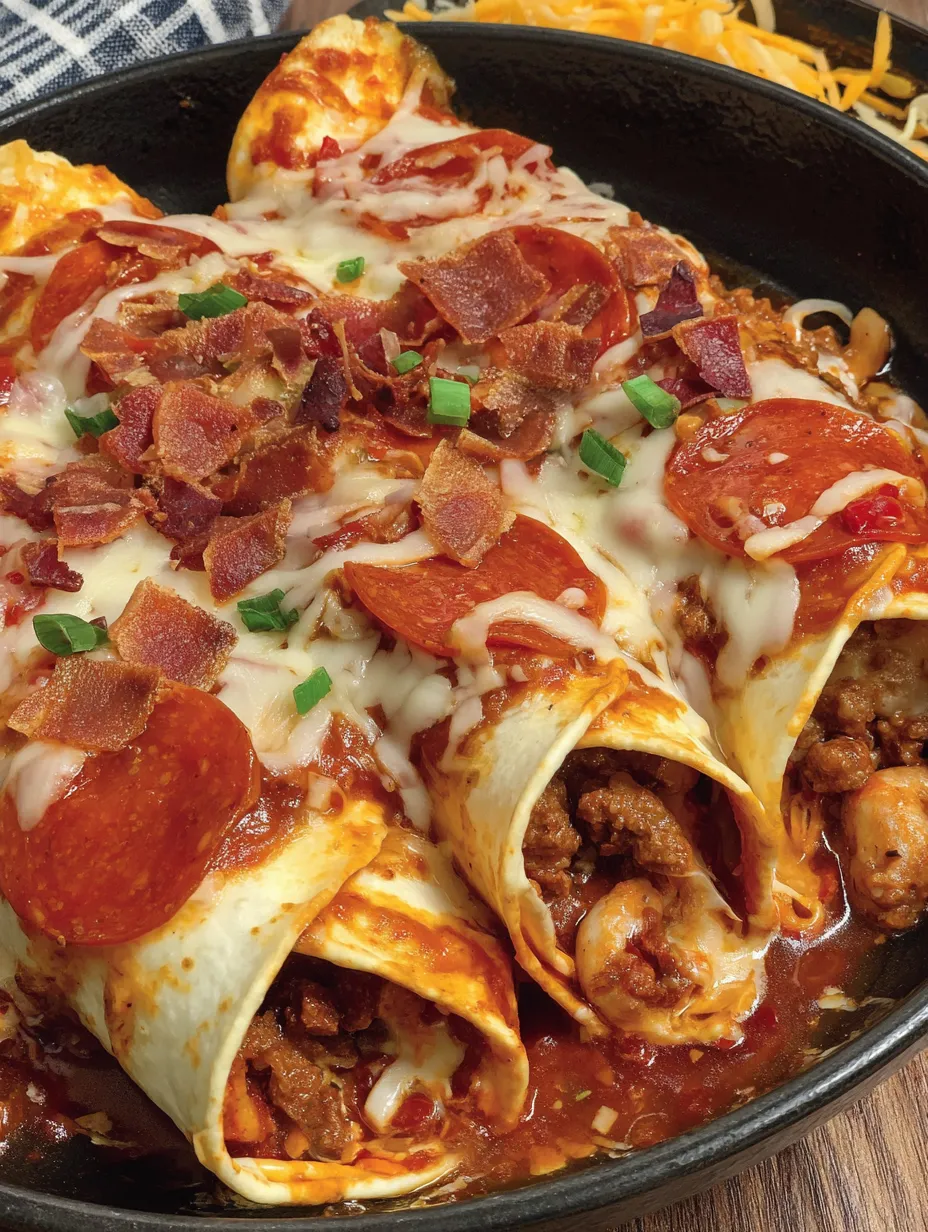A delicious pizza enchilada with cheese and pepperoni.