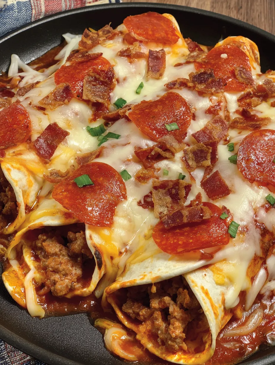 A delicious pizza enchilada with cheese and pepperoni.