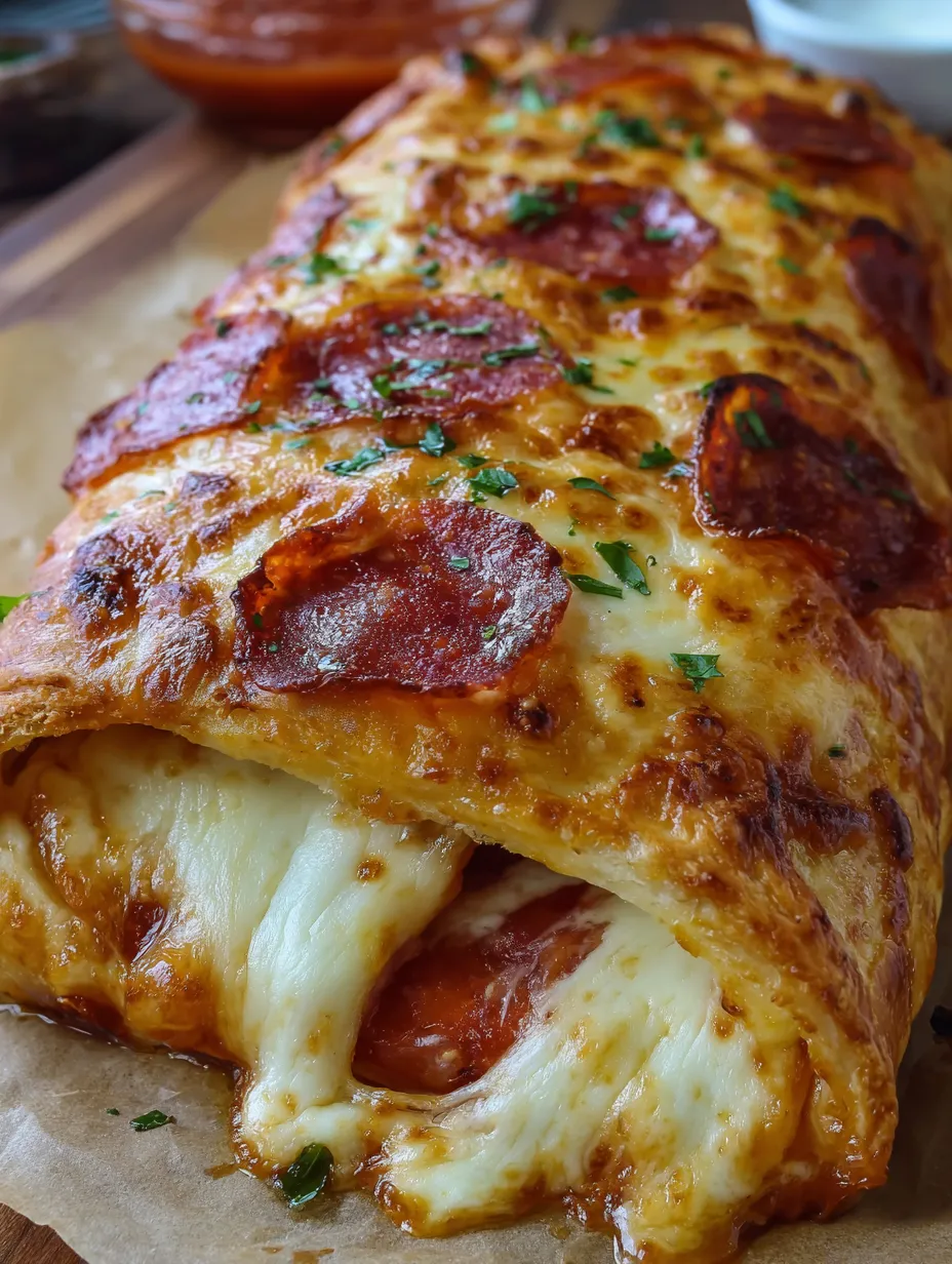 A cheesy pepperoni stromboli on a table.