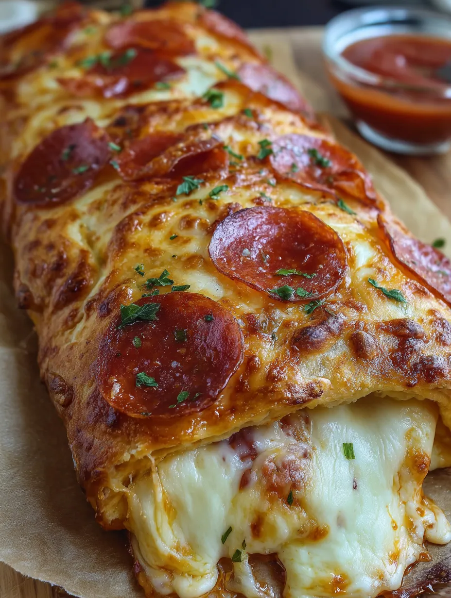 A cheesy pepperoni stromboli on a table.