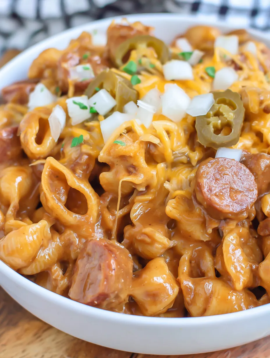 A bowl of chili dog mac and cheese.
