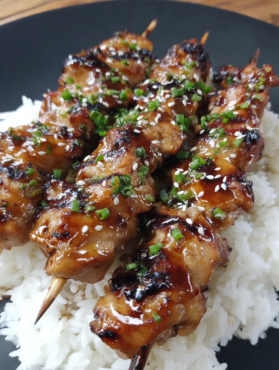 Teriyaki chicken skewers on rice.