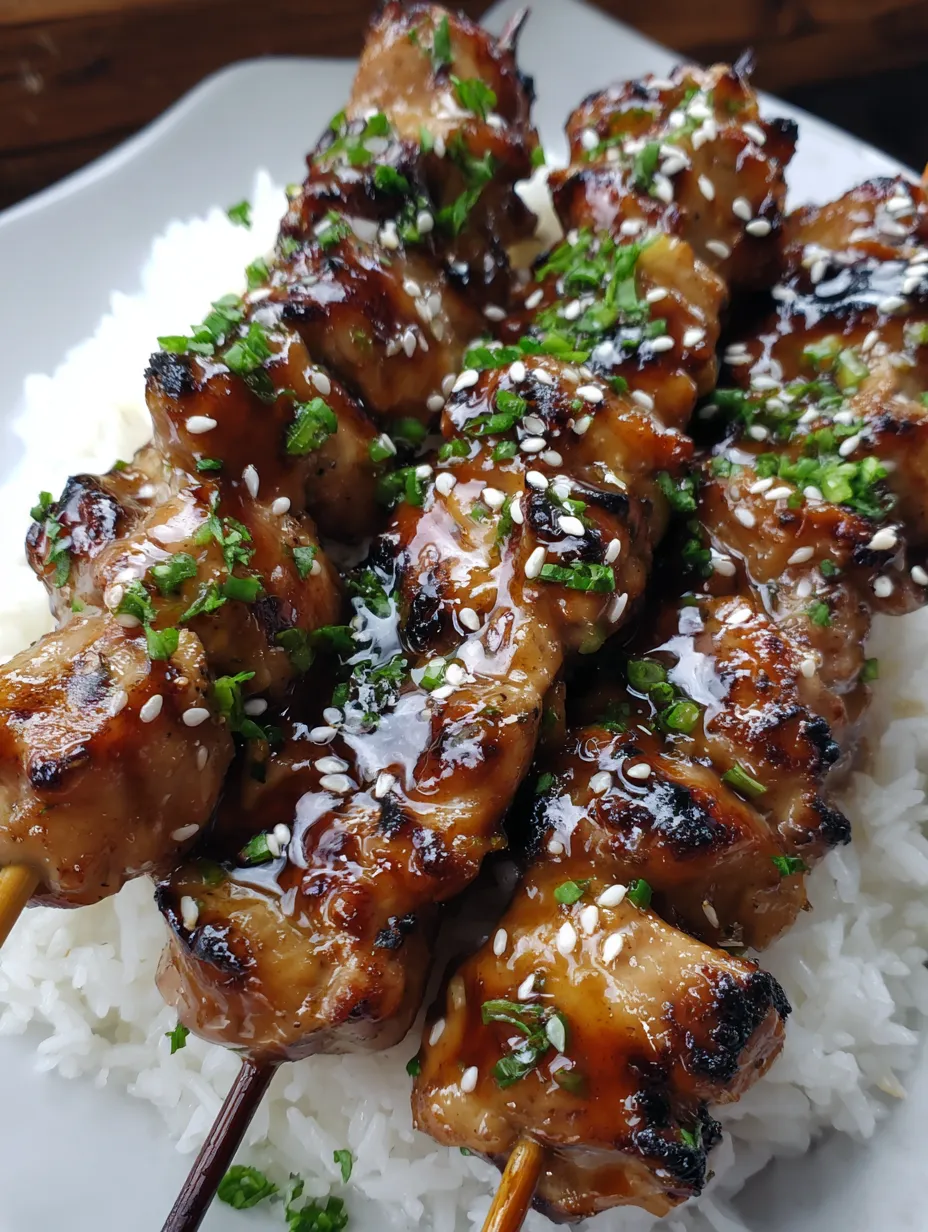 Teriyaki chicken skewers on a plate.
