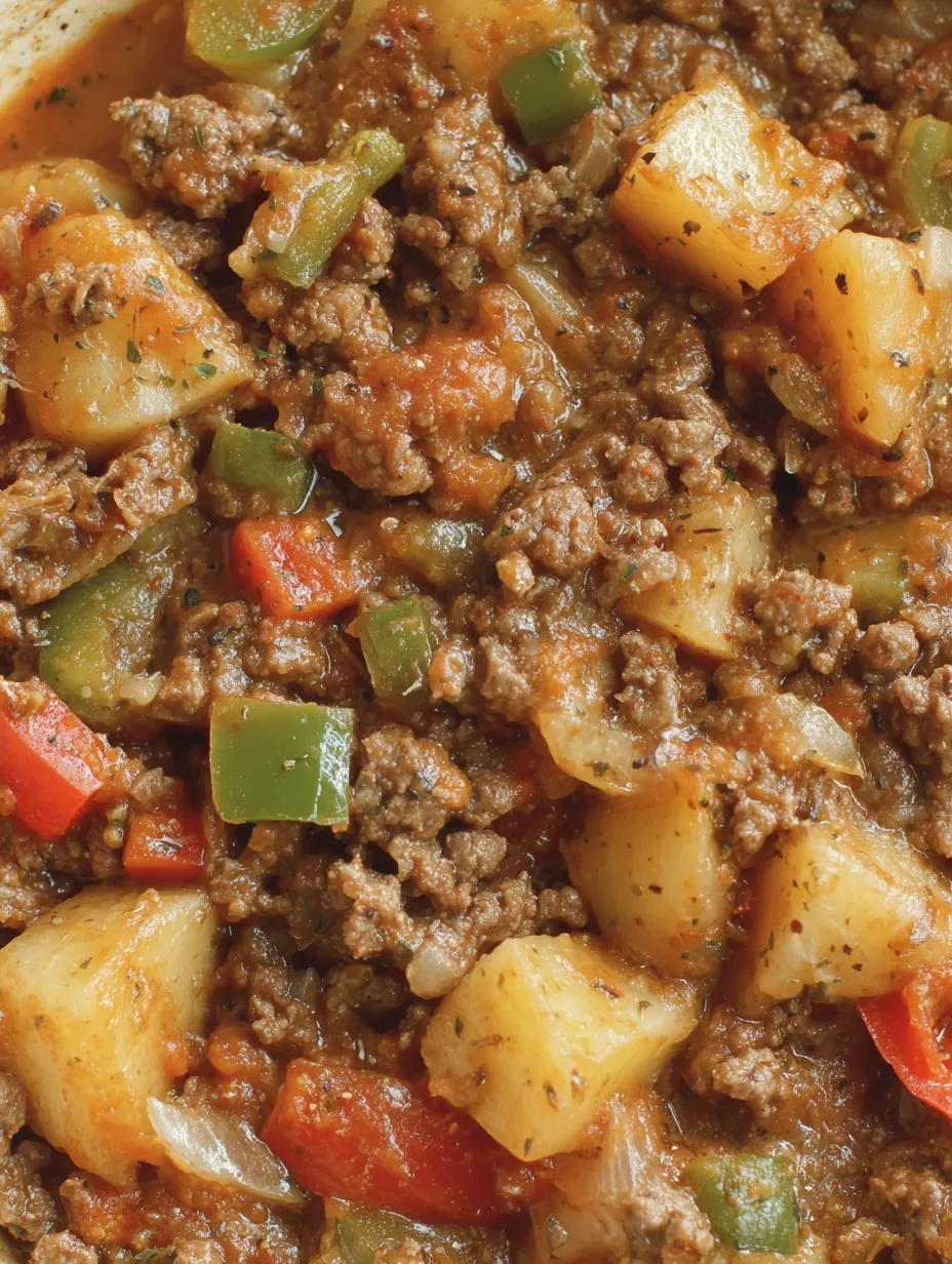 A close up of a hamburger hash with various vegetables.