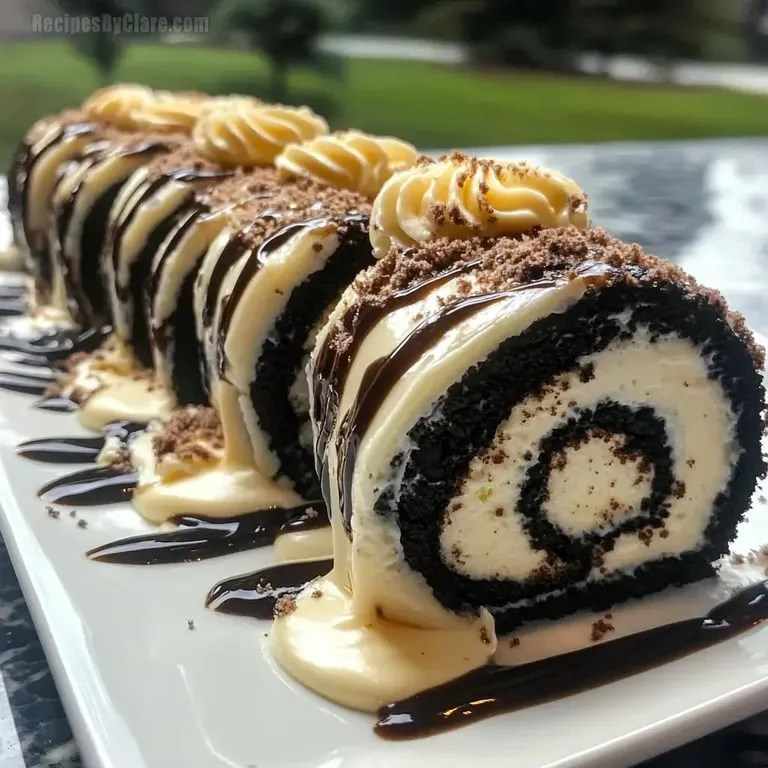 A plate stacked with Oreo cake rolls.