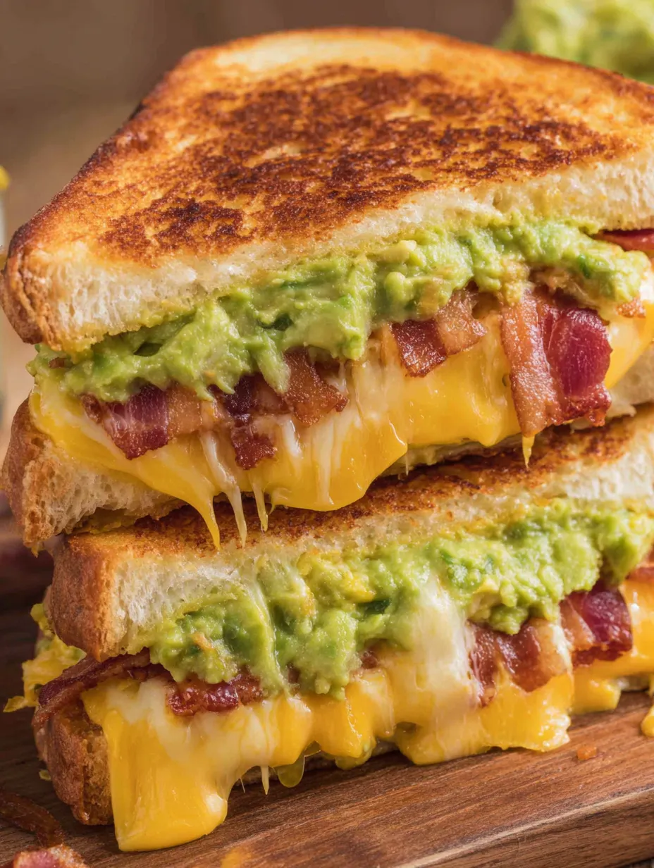 A melty grilled cheese sandwich packed with bacon and guacamole.