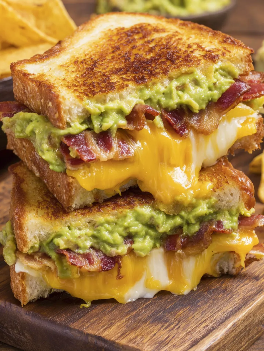 Stacked grilled cheese sandwiches loaded with bacon and guac.
