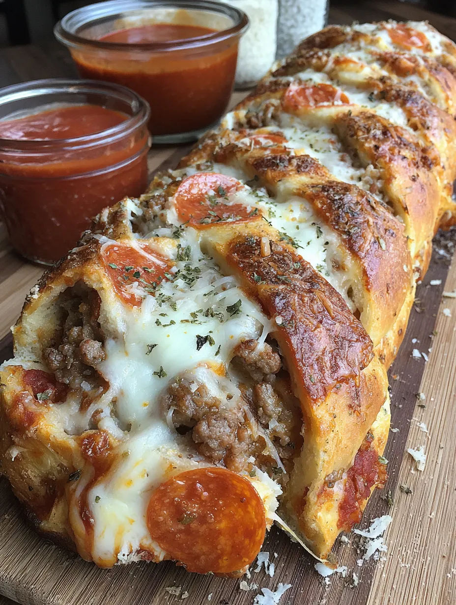 Large golden bread stuffed with meats and cheese, sliced on a wooden board.