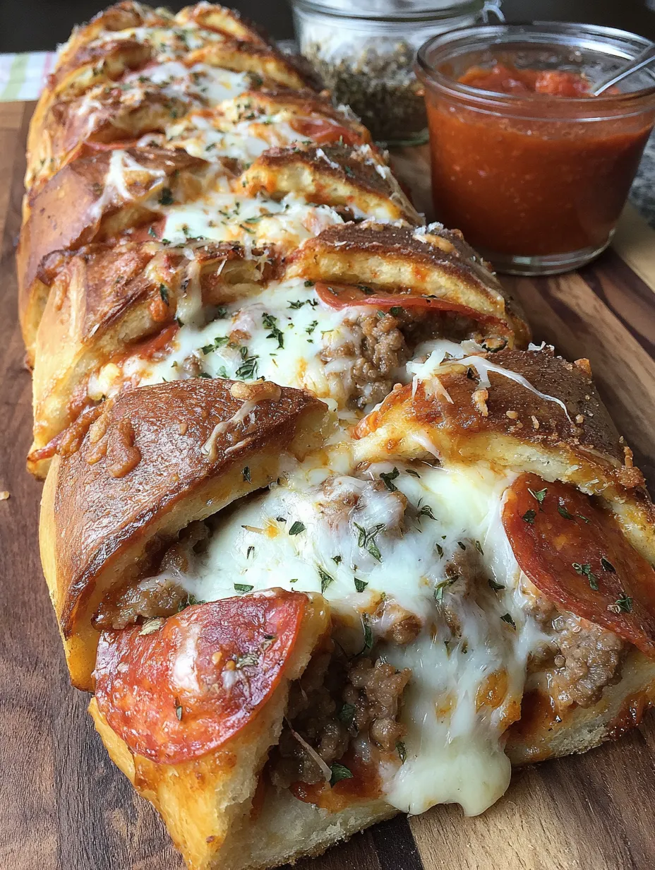 Large golden bread stuffed with meats and cheese, sliced on a wooden board.