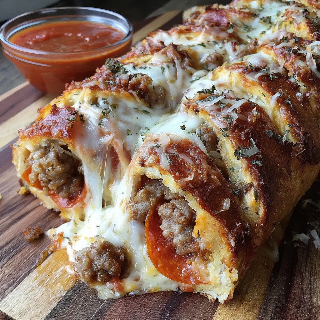 Golden pizza bread filled with meat and cheese.