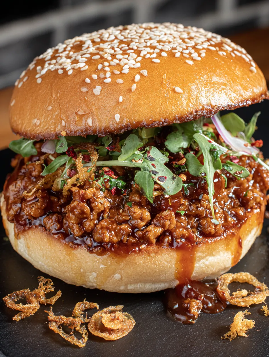 A sandwich oozing with meat and greens on top.