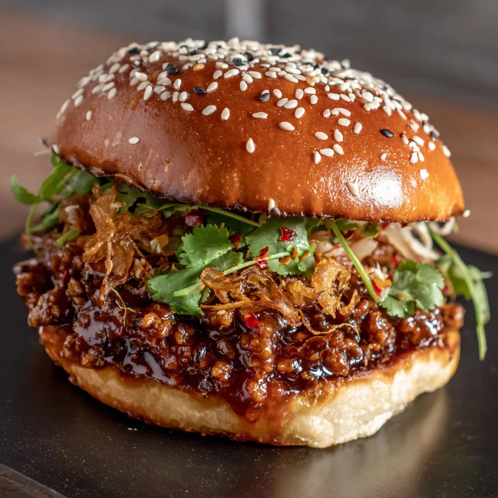 A sandwich loaded with meat filling and sesame-topped bun.
