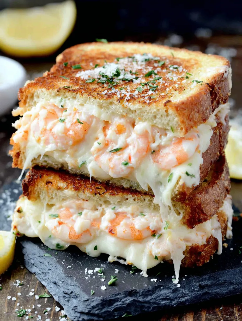 A stack of shrimp-topped grilled cheese sandwiches.