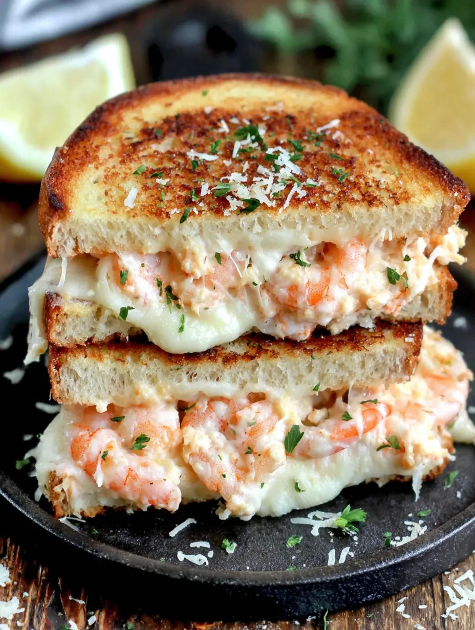 A stack of shrimp-topped grilled cheese sandwiches.