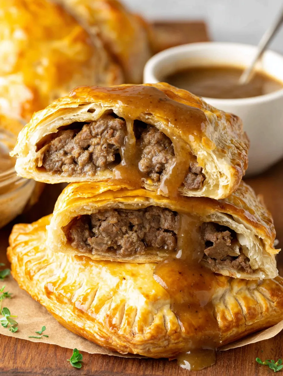 Close view of a flaky pastry bursting with beefy gravy.