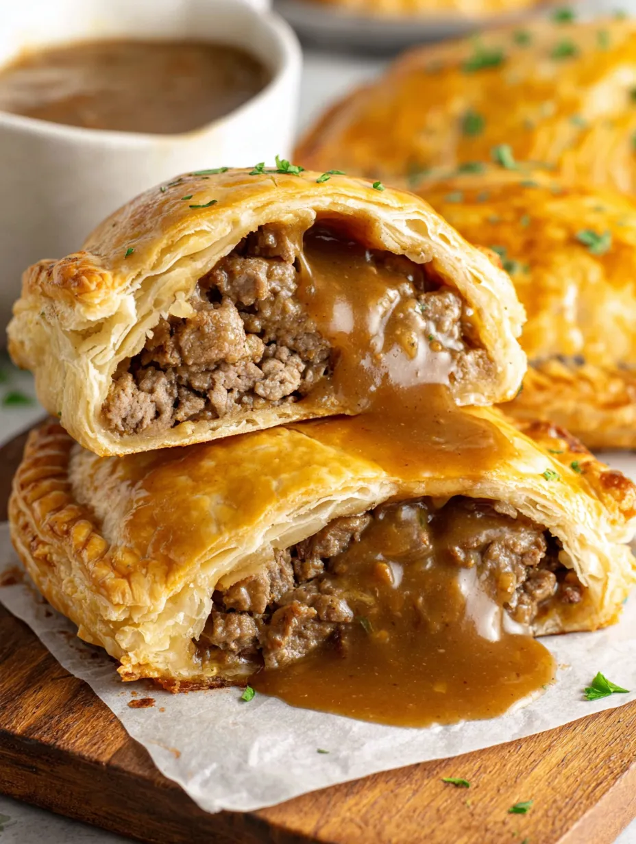 Two steak bakes with glossy brown pastry and gravy oozing out.
