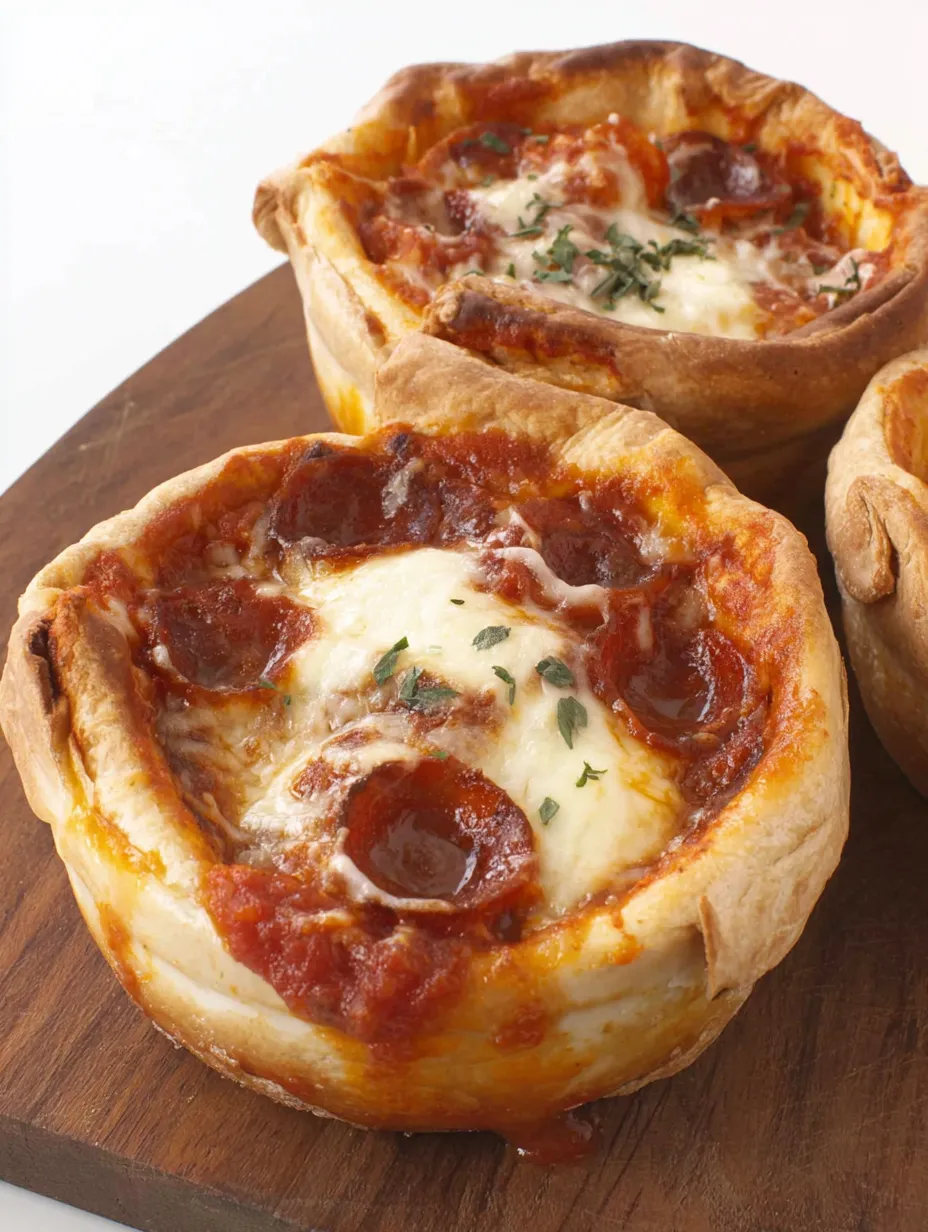 Cheesy pizza pot pie topped with pepperoni in a bowl.