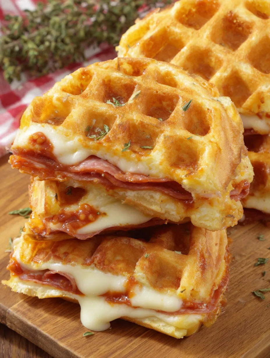 Waffles stacked up with melted cheese and meat on top.