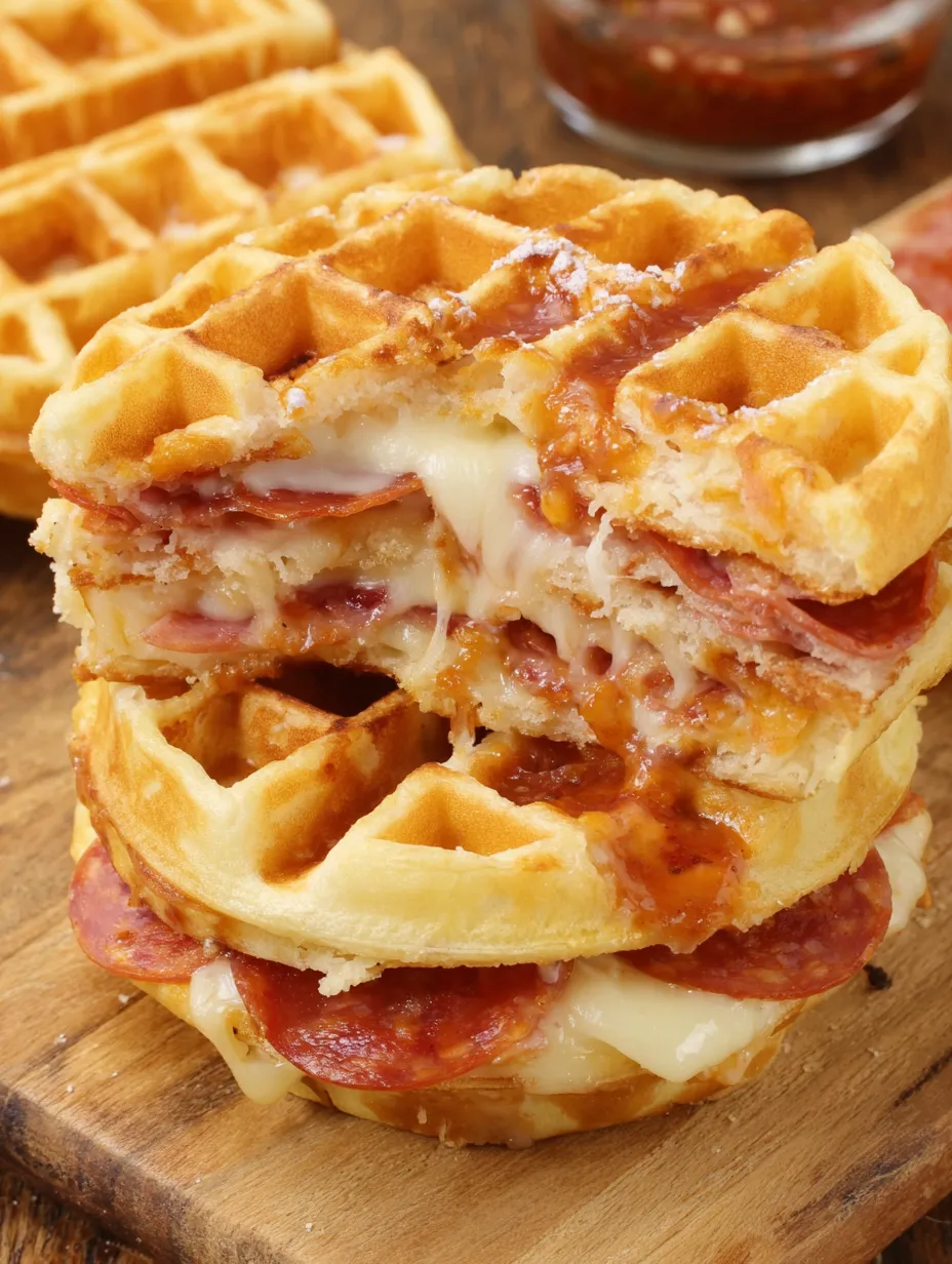 Waffles stacked with cheese and pepperoni.
