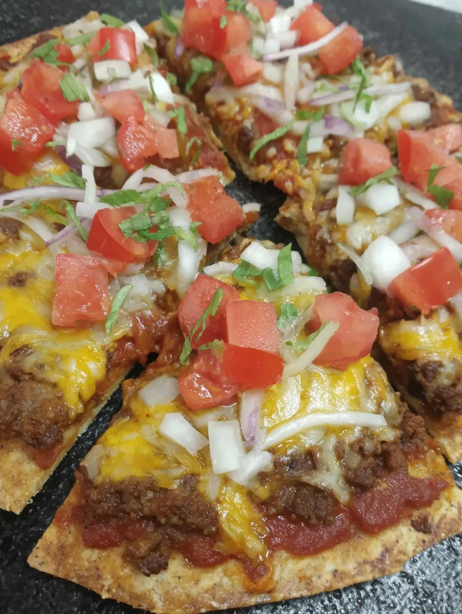 A crunchy Mexican pizza slice with tomatoes and green onions on top.