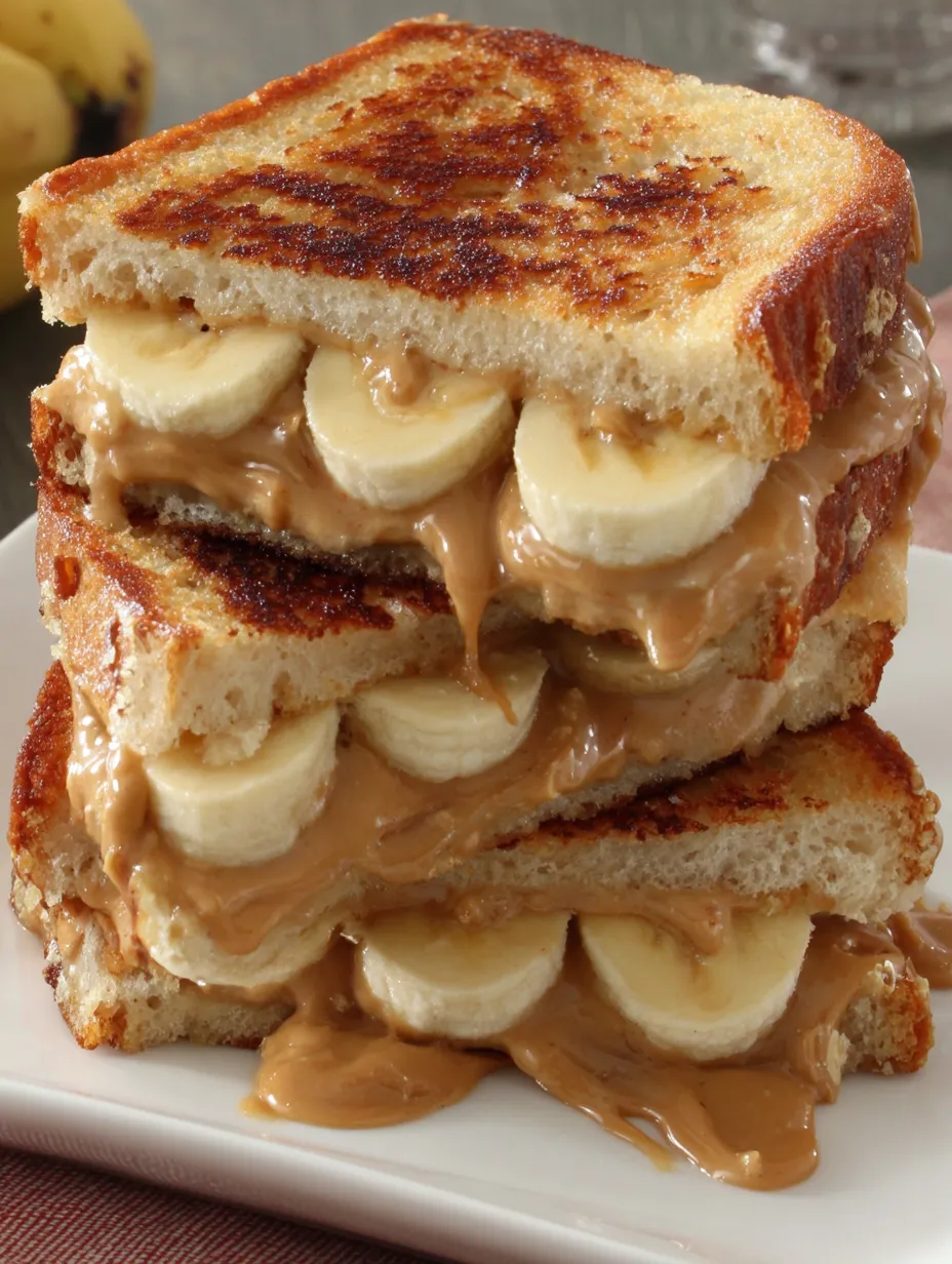 One melty peanut butter banana sandwich, sliced in half on a plate.