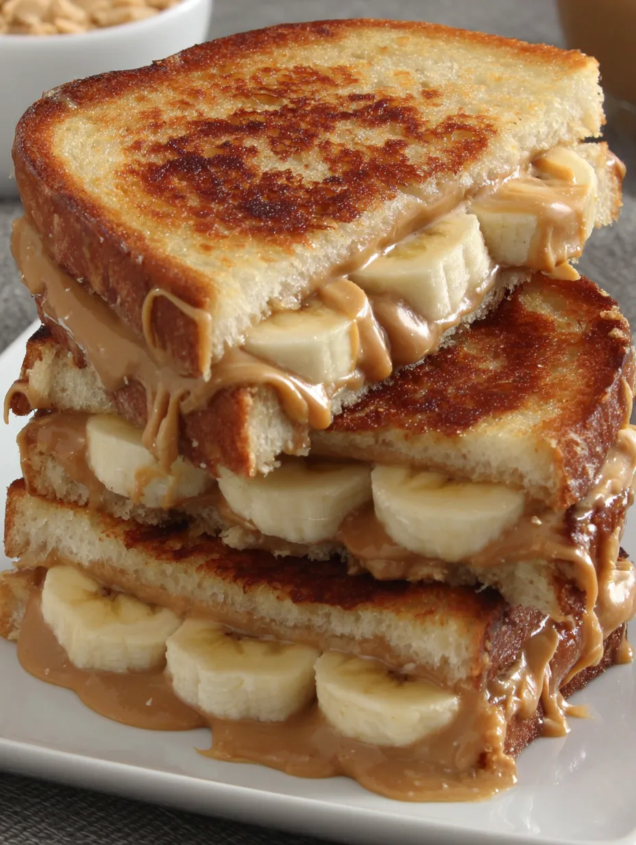 Stacked toasted peanut butter banana sandwiches on a cutting board.
