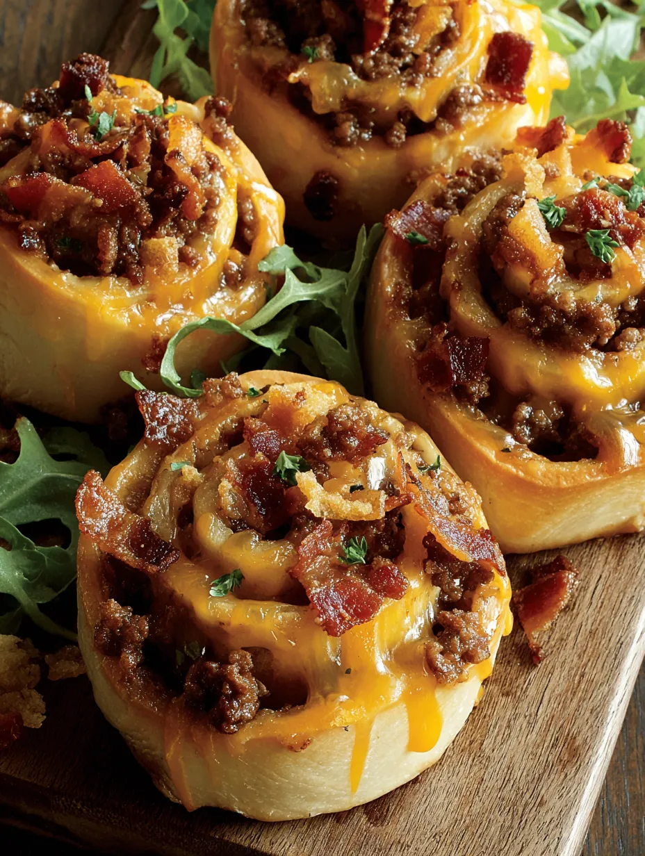Bacon cheeseburger rolls on a wooden table.