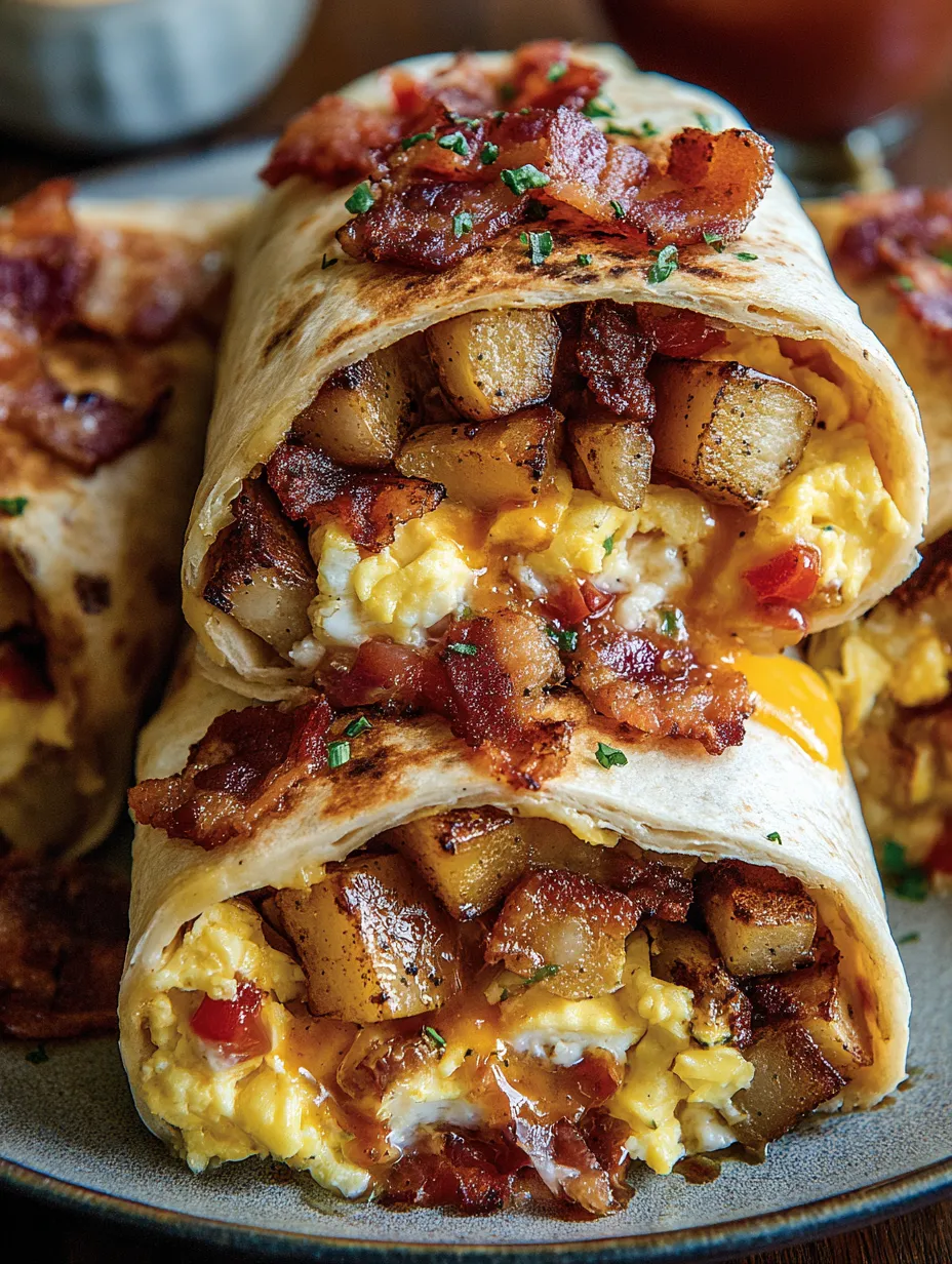 A breakfast burrito bursting with bacon, eggs, and gooey cheese.