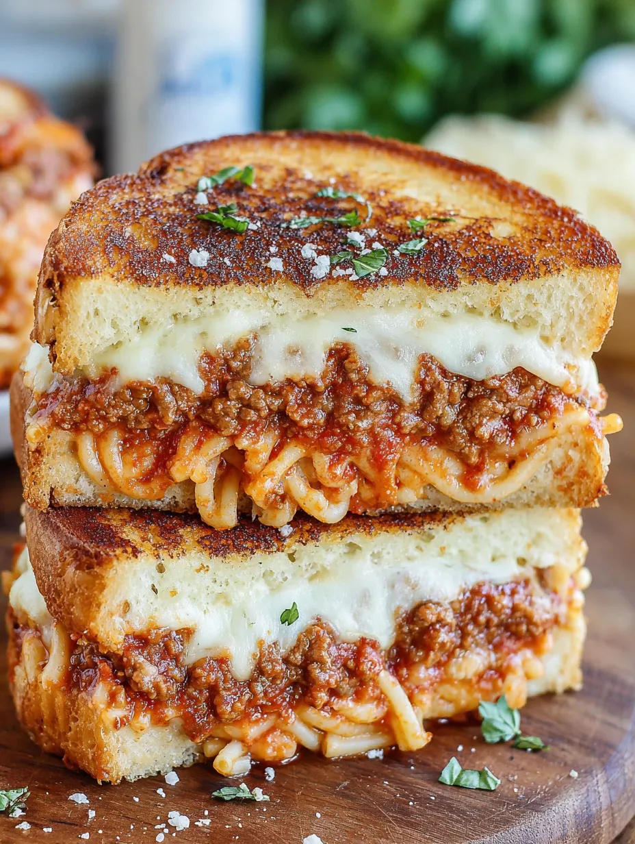 A grilled cheese sandwich stuffed with spaghetti noodles.