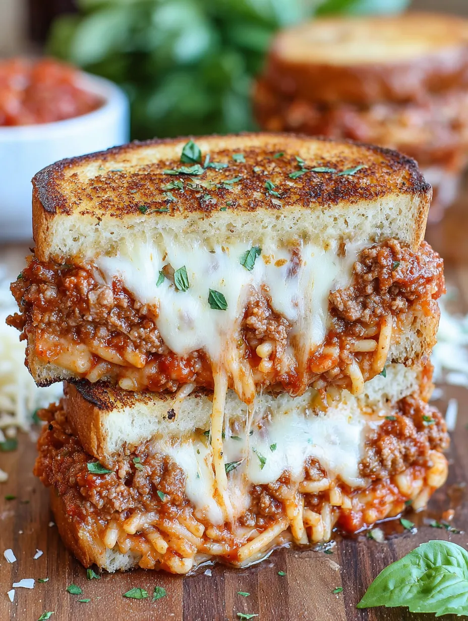 A grilled cheese sandwich stuffed with spaghetti noodles.