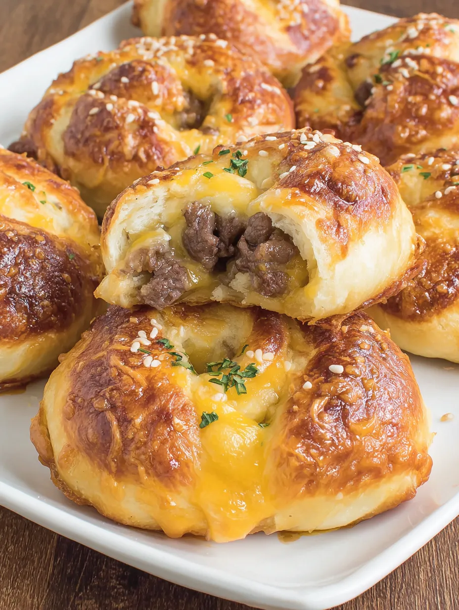 A plate of steak and cheese stuffed pretzels.