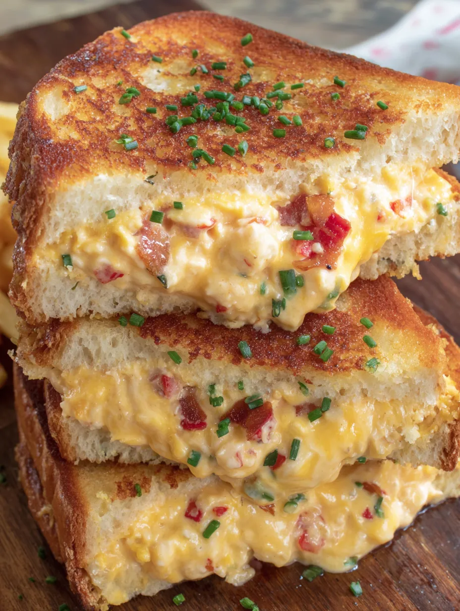 A melty pimento cheese sandwich topped with extra cheese.
