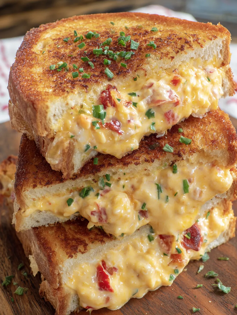 Stacked grilled cheese with pimento and melted cheese.