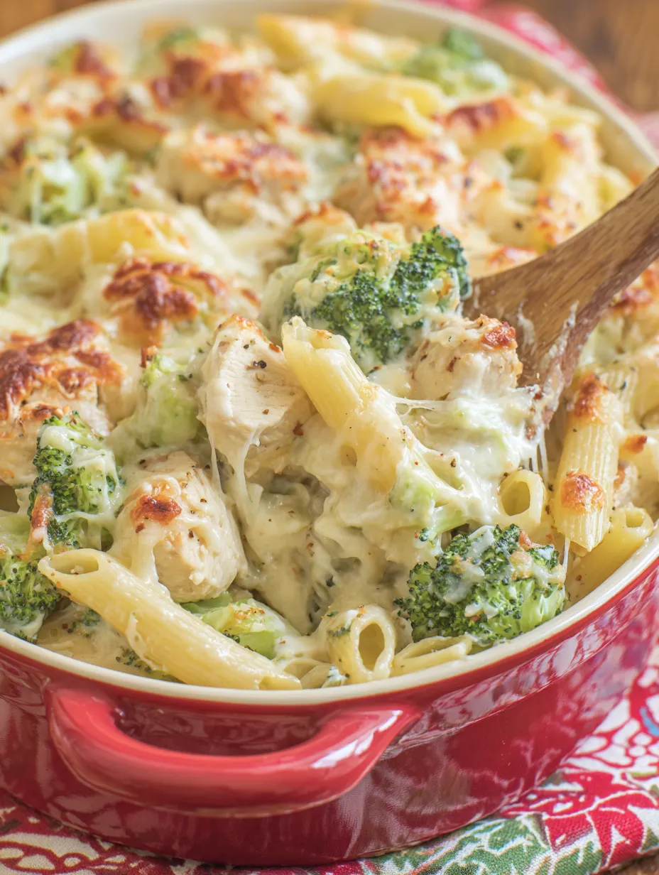 Zoomed-in view of gooey chicken, pasta, and broccoli topped with melty cheese.
