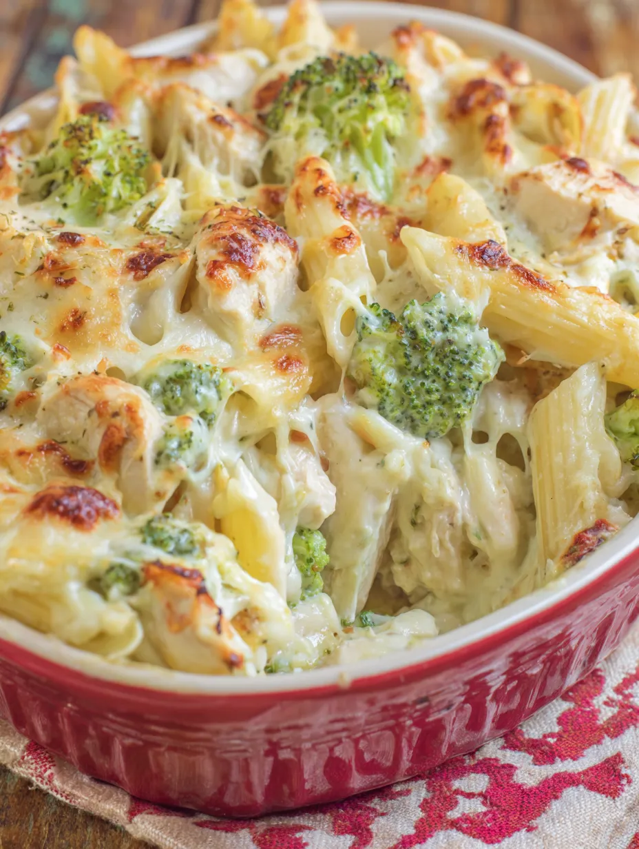 A serving dish filled with steaming chicken, broccoli, and cheesy pasta goodness.
