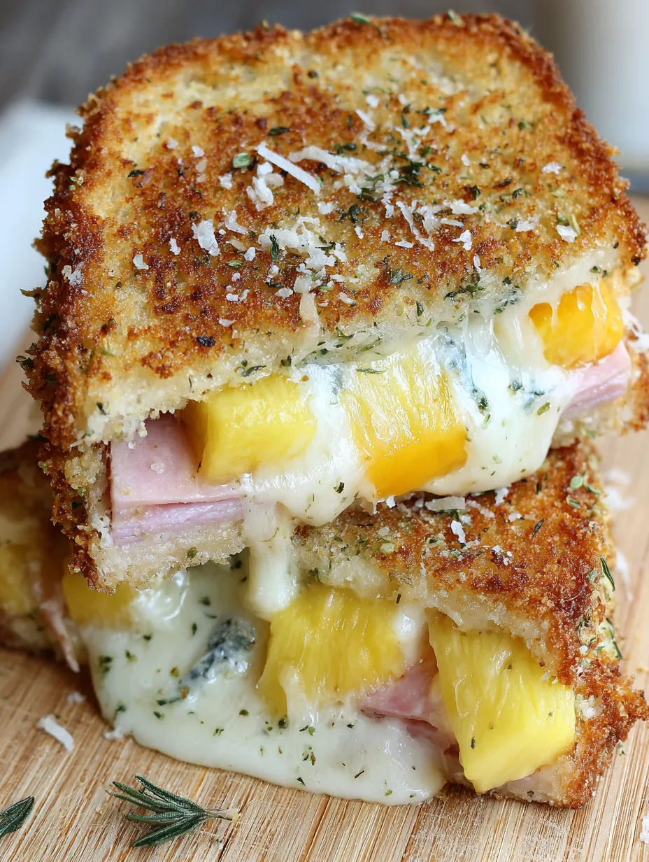 A slice of cheesy crust Hawaiian grilled cheese.